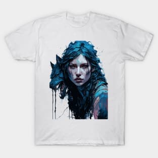 Werewolf Woman and Wolf - Ink and Watercolor Painting T-Shirt